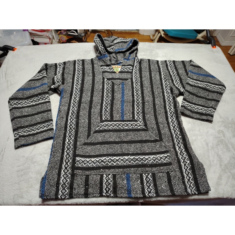 Baja Joe Hoodie L‎ Unisex Black /White Drug Rug Mexican Poncho Skater Surfer